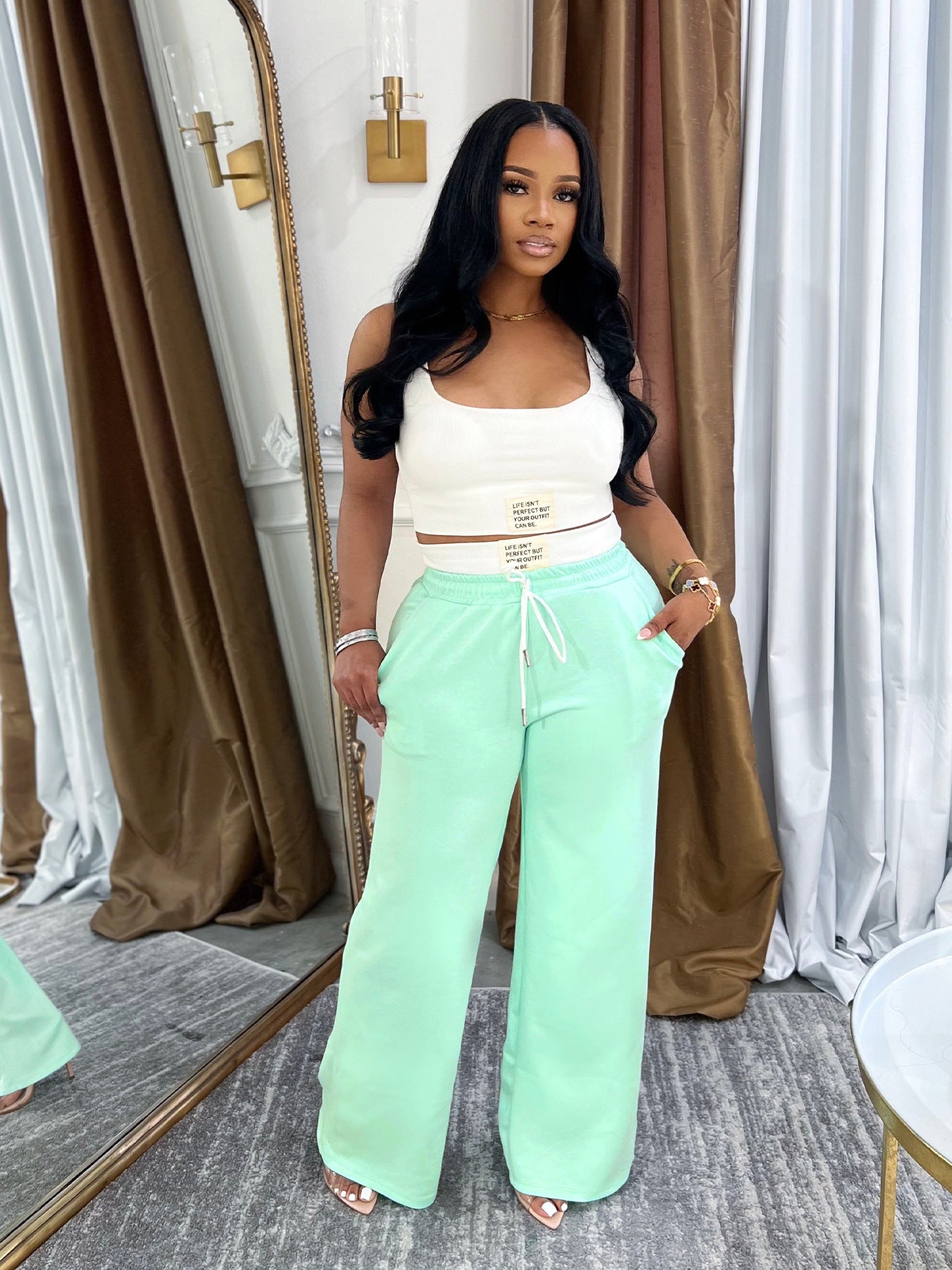 Women Sports Tank Top and Drawstring Wide-leg Pants Two-piece Set 5