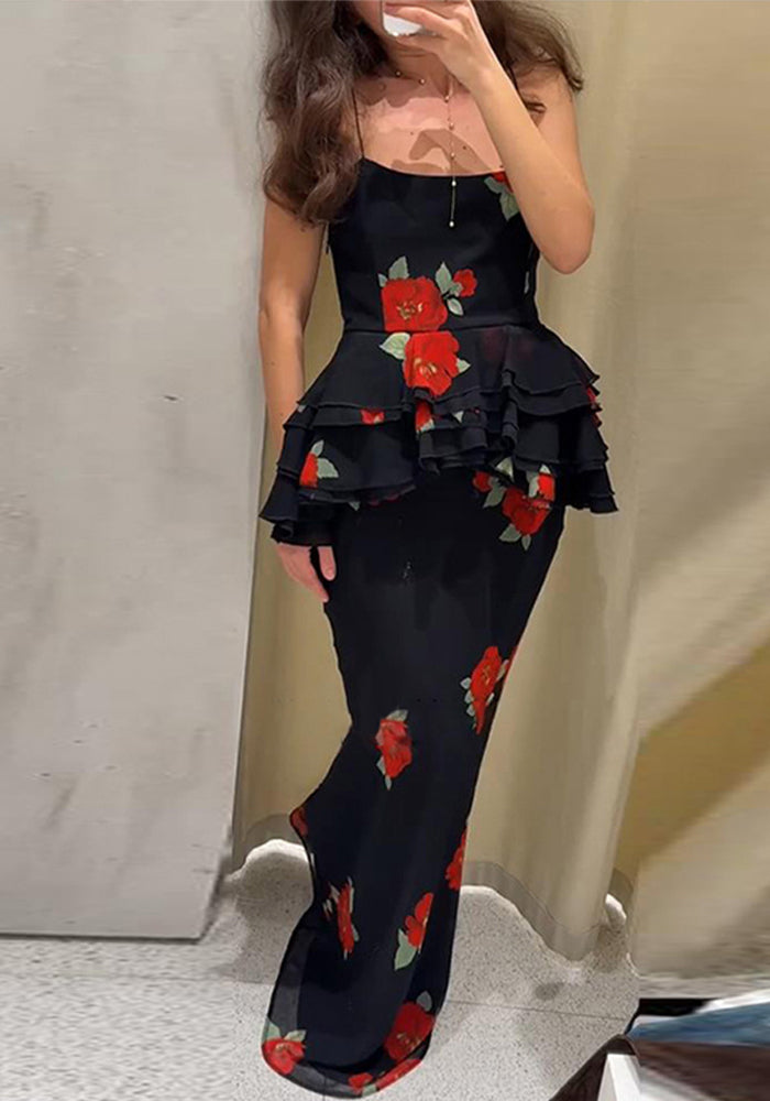 Women's Bohemian Print Halter Strap Top Skirt Set