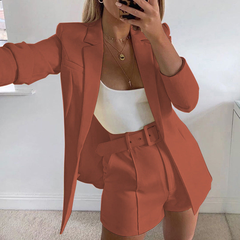 Women fashion Blazer+Shorts with belt Two-piece 17