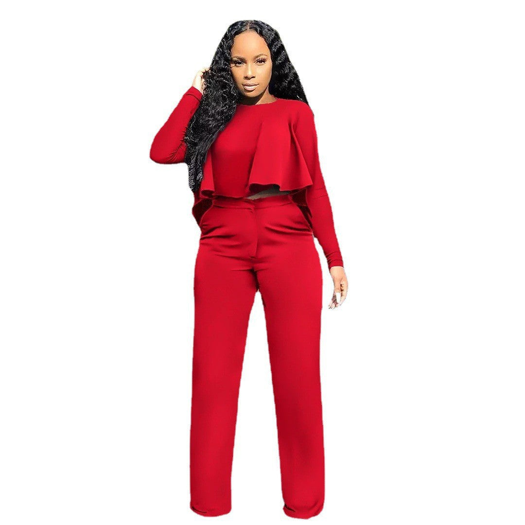 Women'S Autumn And Winter Solid Color Hollow Long-Sleeved High-Waisted Wide-Leg Pants Two-Piece Set 14