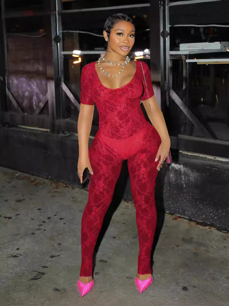 Women's Summer Lace Short Sleeve Low Back Sexy Nightclub Jumpsuit 7