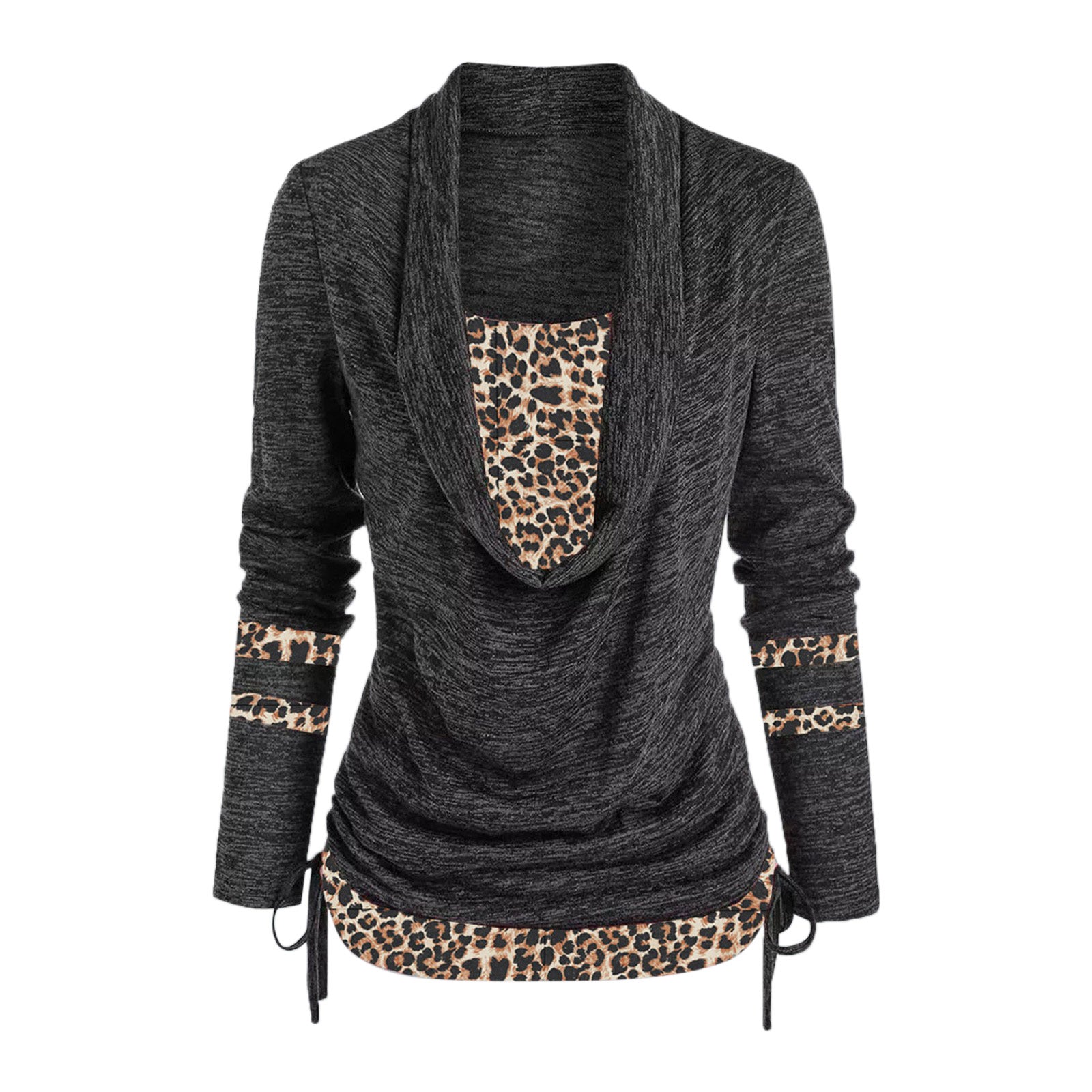 Women Leopard Patchwork Long Sleeve Loose Pleated Top 16