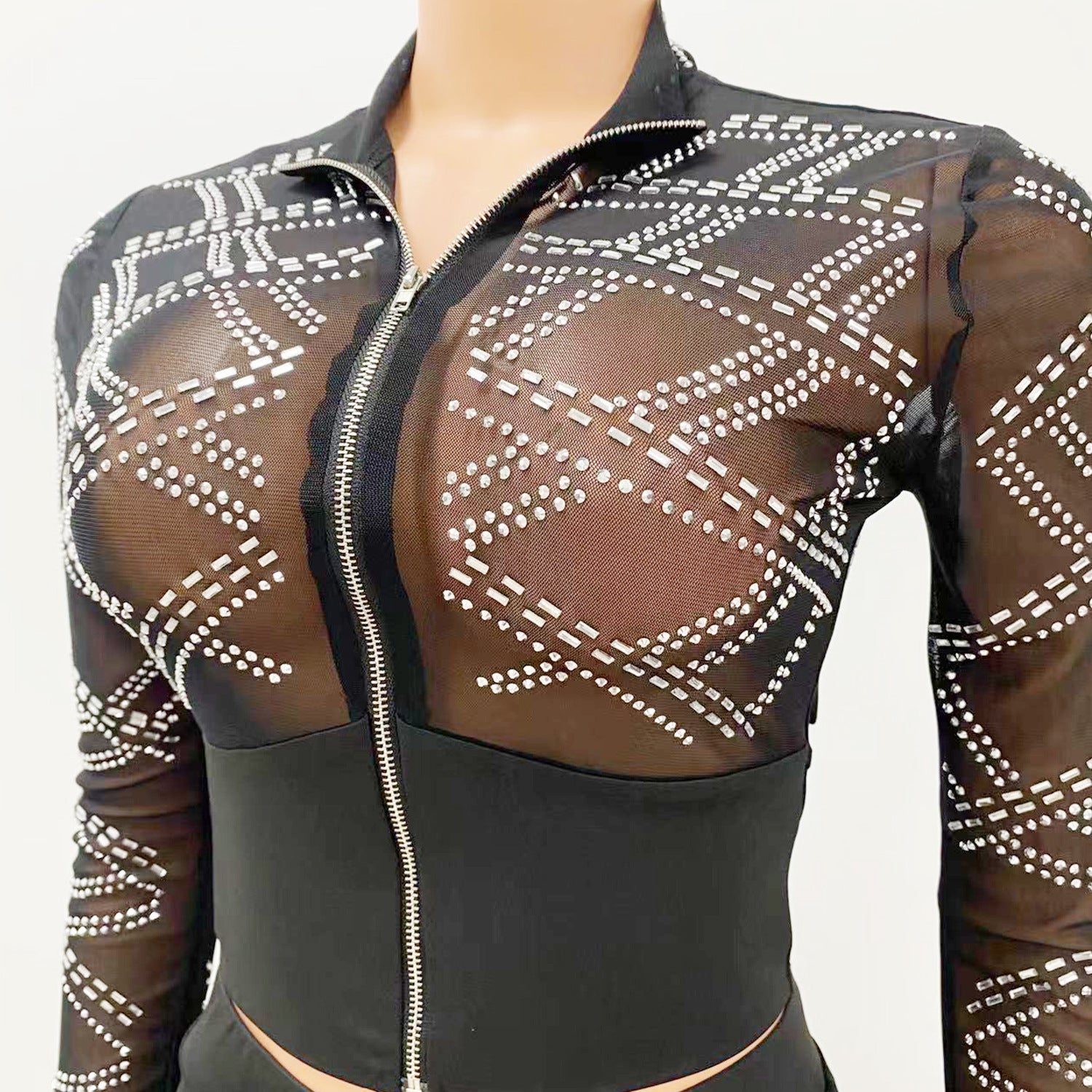 Summer Women's Sexy Beaded Mesh Nightclub Long Sleeve Two-Piece Pants Set For Women 16