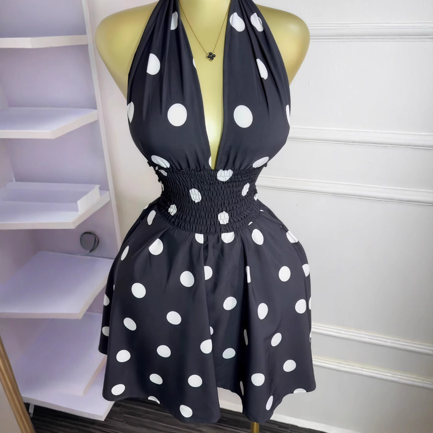 Women Summer Polka Dot Sleeveless V-neck Lace-Up Backless Mini Dress 4