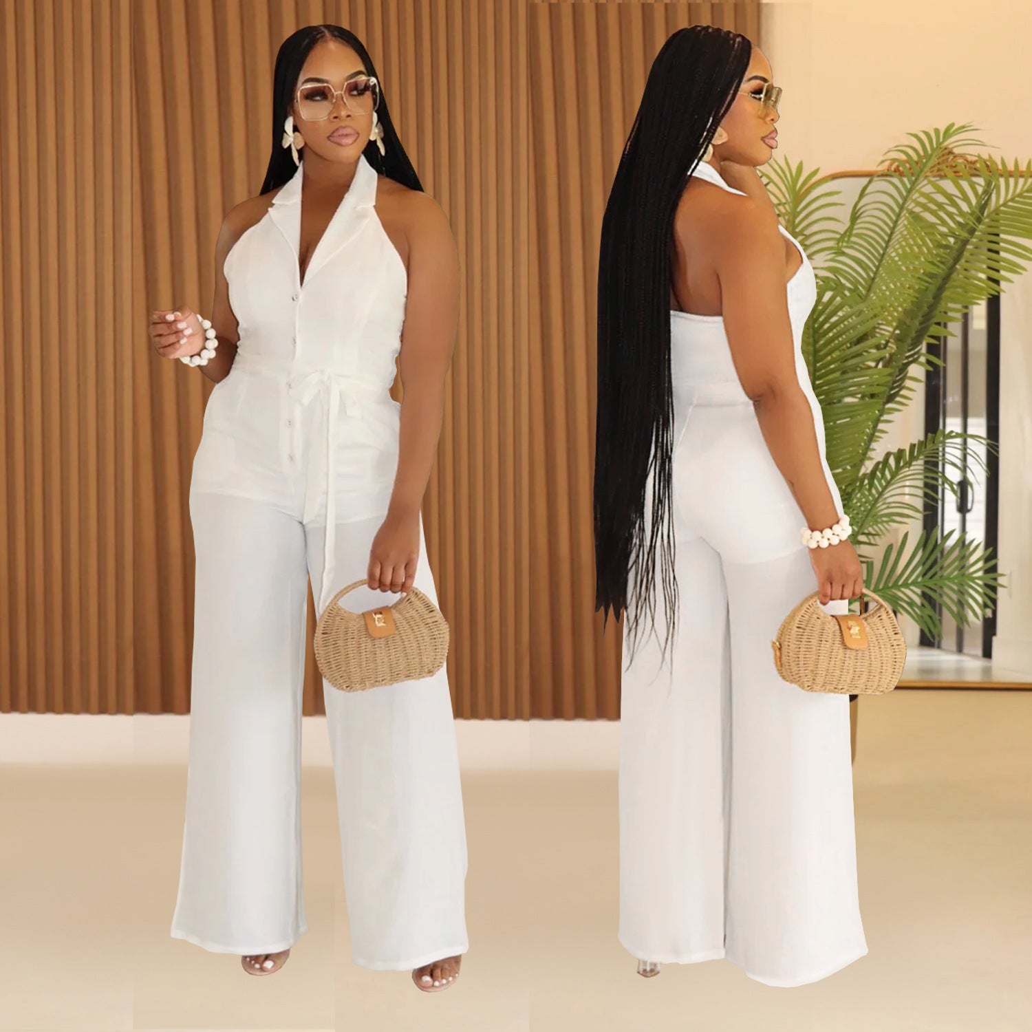 Women Summer Casual Solid V-neck Backless Jumpsuit 4