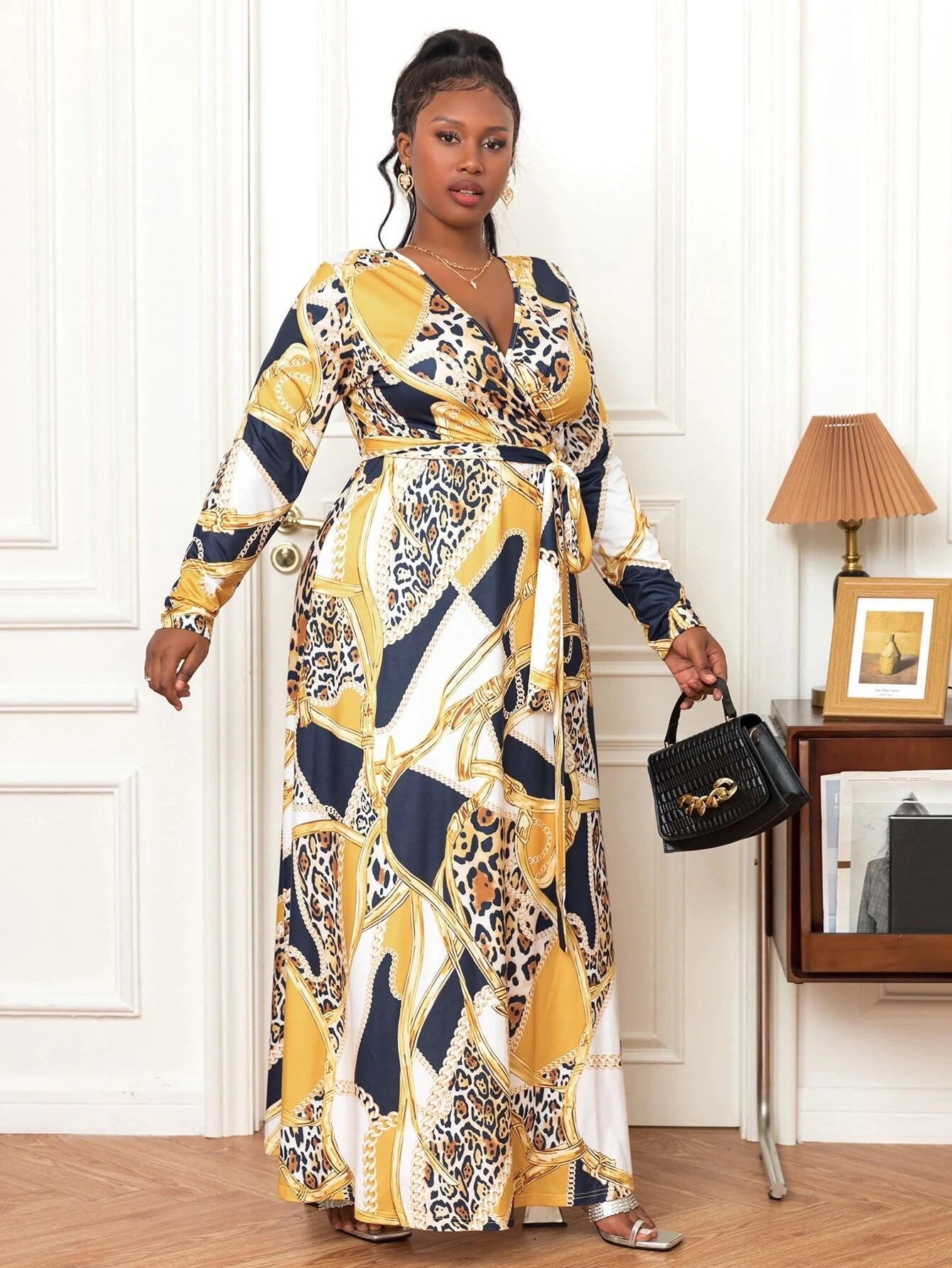 Plus Size Women's Sexy V-Neck Long Sleeve Bohemian Beach Long Dress 7