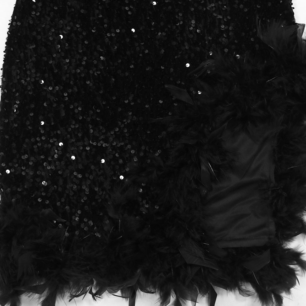 Fashion Slash Shoulder Feather Sequin Slit Club Dress 11