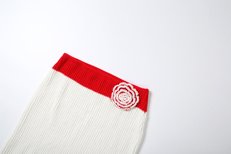 Women's Autumn Sexy Knitting Crochet Halter Neck Camisole Color Block Slim Skirt Set 14