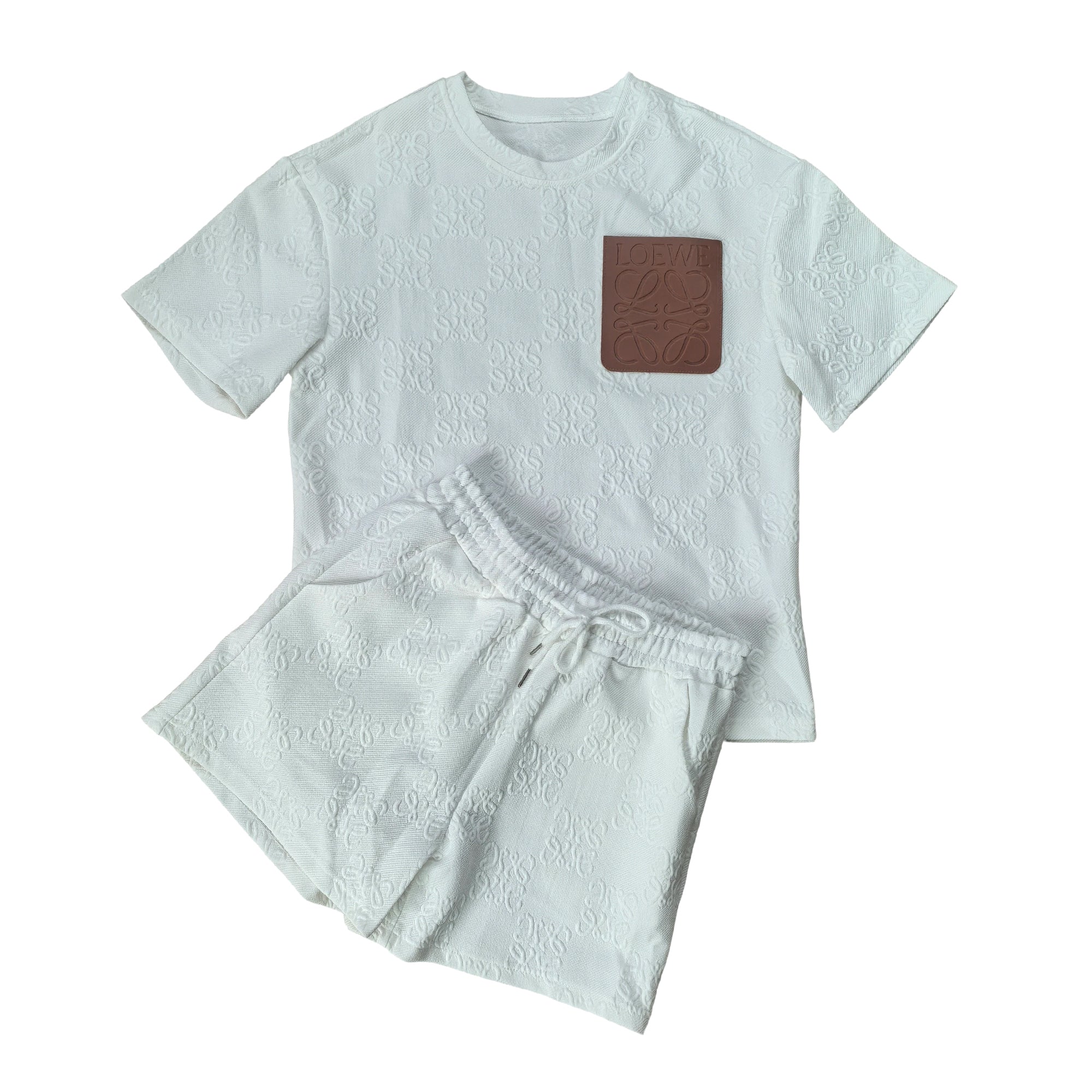 Women's Fashion Casual Leather Pocket Jacquard Short Sleeve Sport Shorts Set 6