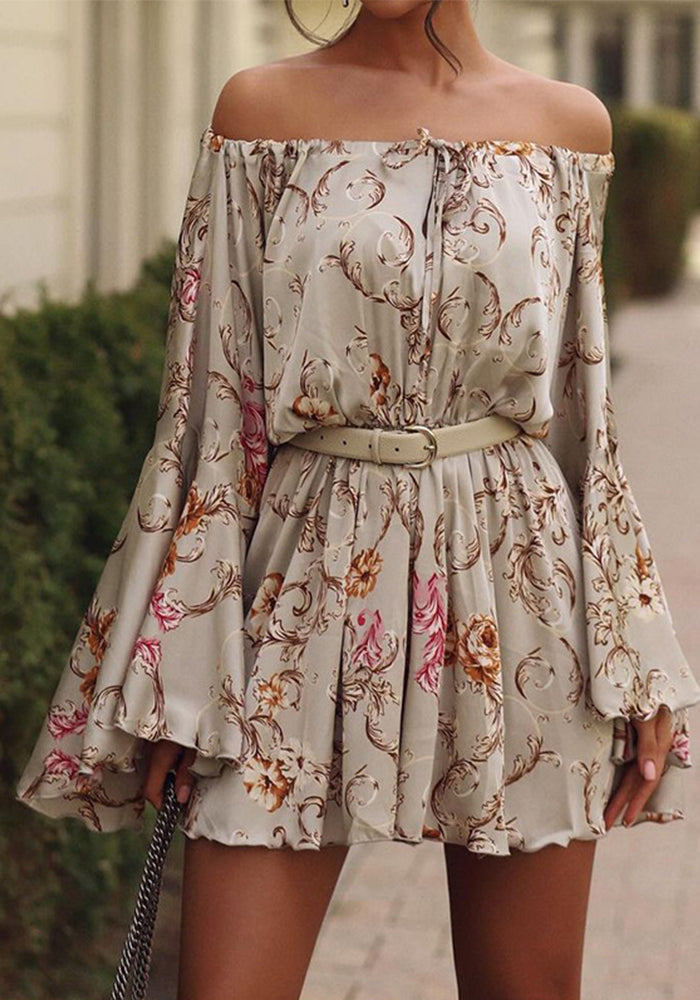 Women Spring Women Off Shoulder Printed Long Sleeve Mini Dress