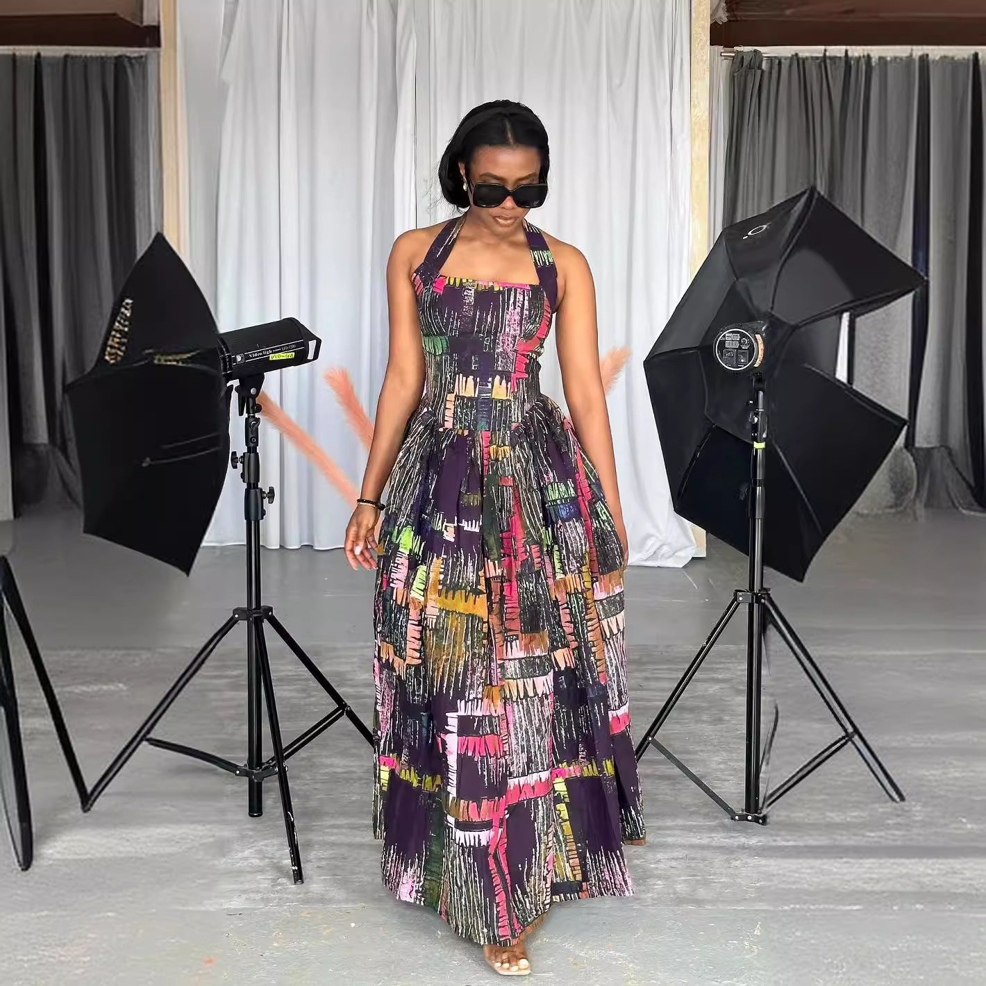 Women Printed Halter Neck Loose Dress 4