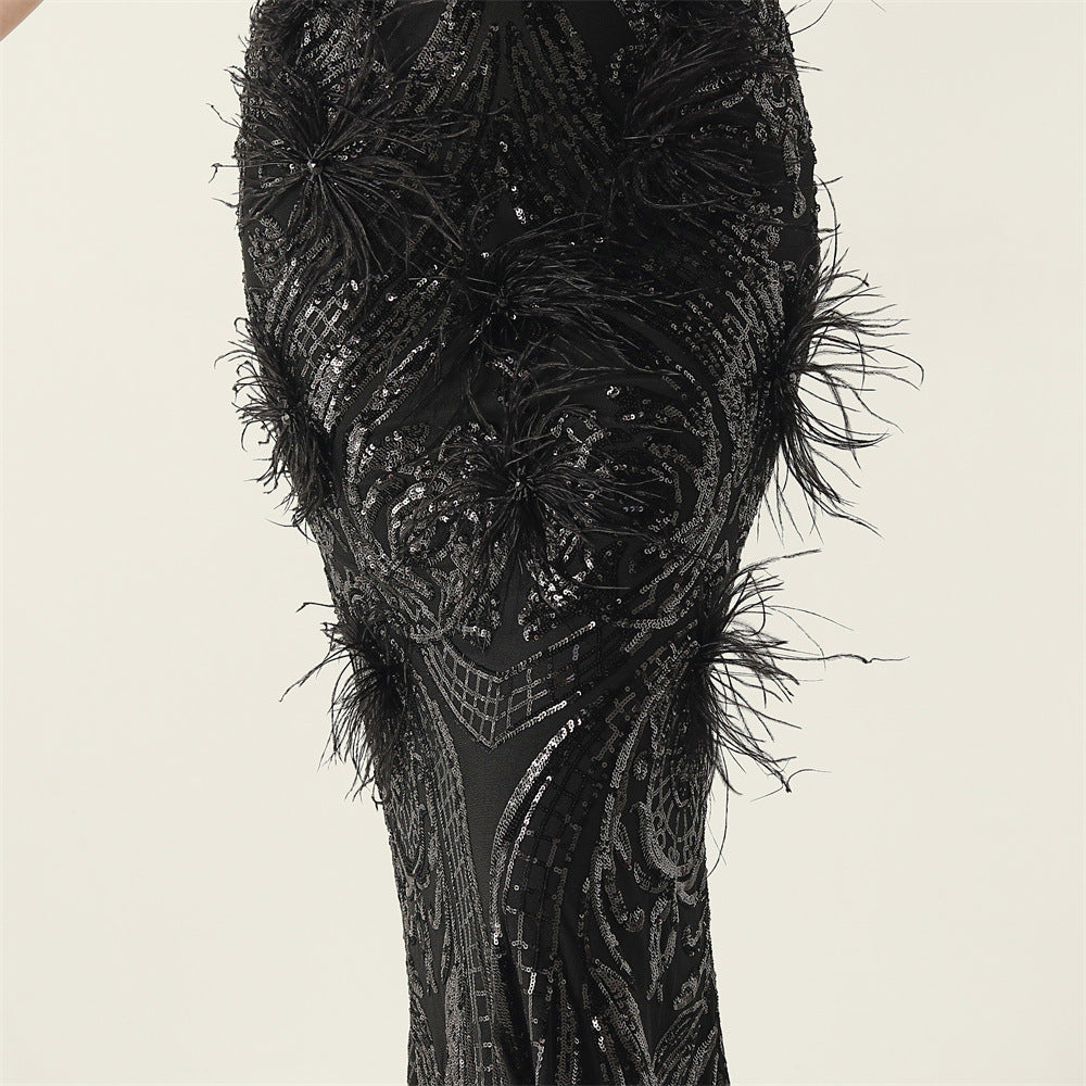 Women Beaded Feather Decoration Beaded Fishtail Evening Dress 43