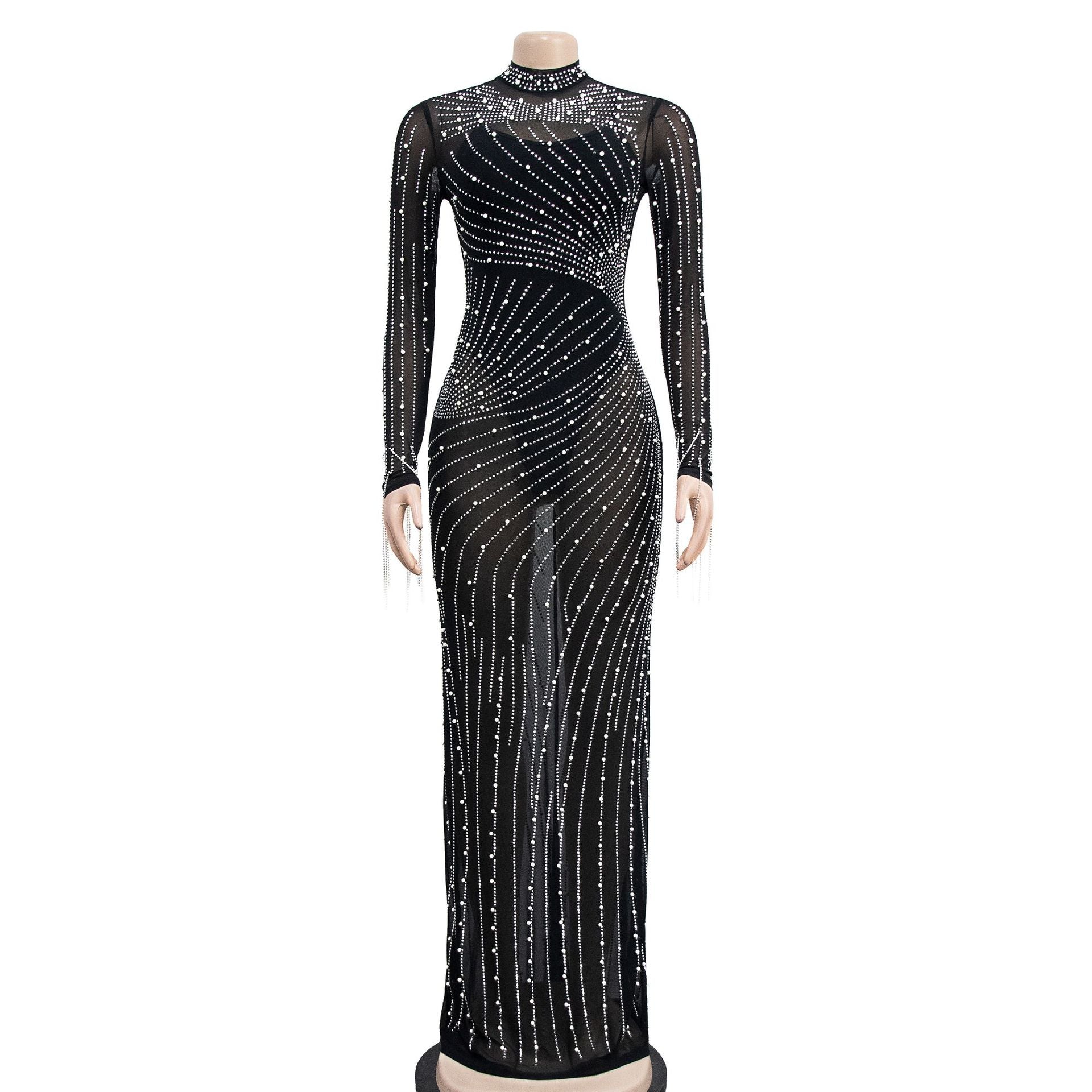 Women Mesh See-Through Beaded Long Sleeve Maxi Dress Set 28