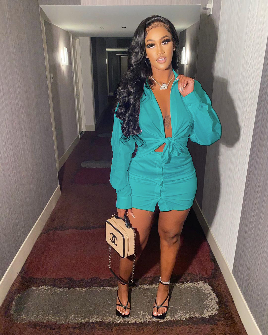 Women Casual Solid Shirt and Skirt Two-Piece Set 8