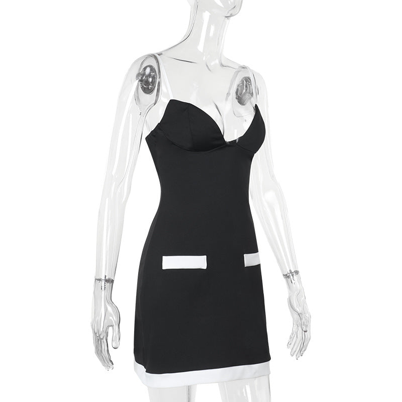 Women sexy contrast color V-neck suspender dress 7