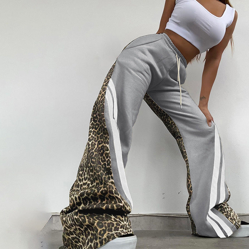 Autumn Style Street Trend Leopard Print Striped Color Block High Waist Loose Sweatpants 6