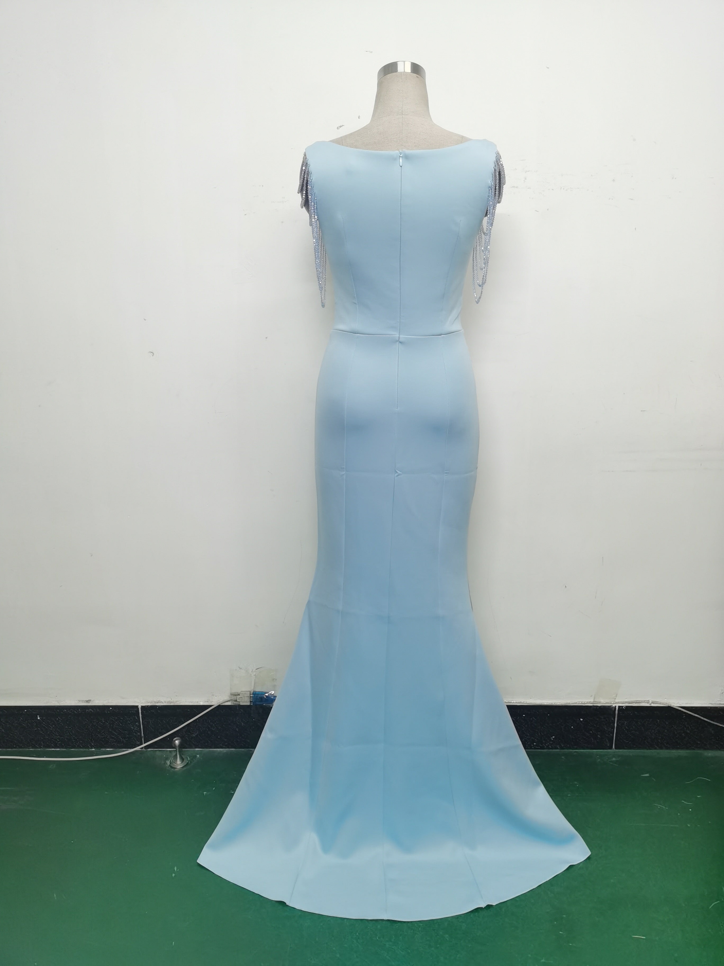 Women Beaded See-Through Mesh Split Evening Dress 23