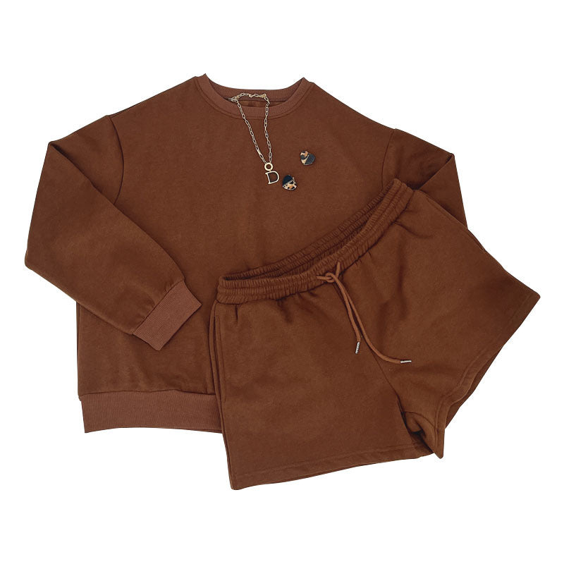 Fall Winter Solid Color Round Neck Pullover Long Sleeve Hoodies Women's Fashion Casual Shorts Two Piece Set 36