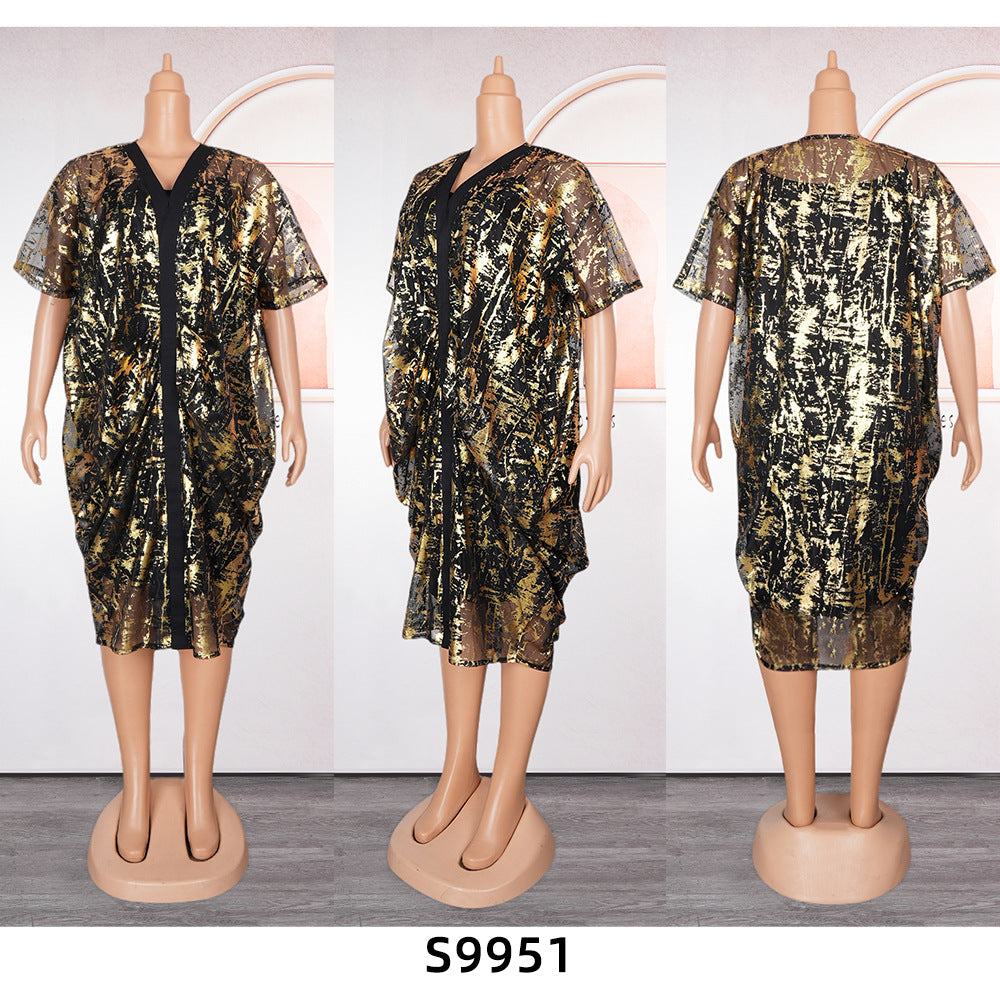 African Plus Size Women's Shiny Mesh Dress Strap Solid Basic Dress Two Piece Set 5