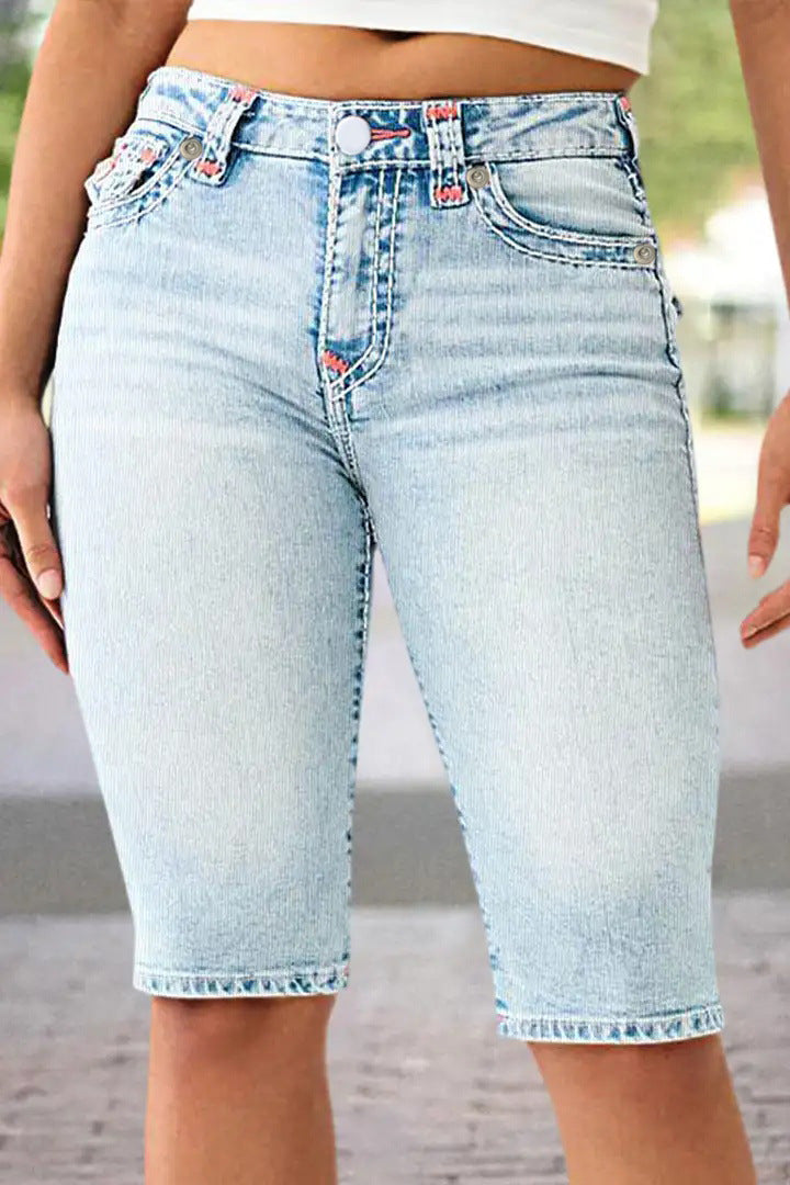 Women Colorblock Casual Denim Knee-Length Shorts