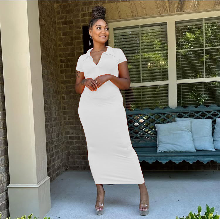 Women Summer Turndown Collar Short Sleeve Sexy Solid Bodycon Dress 8