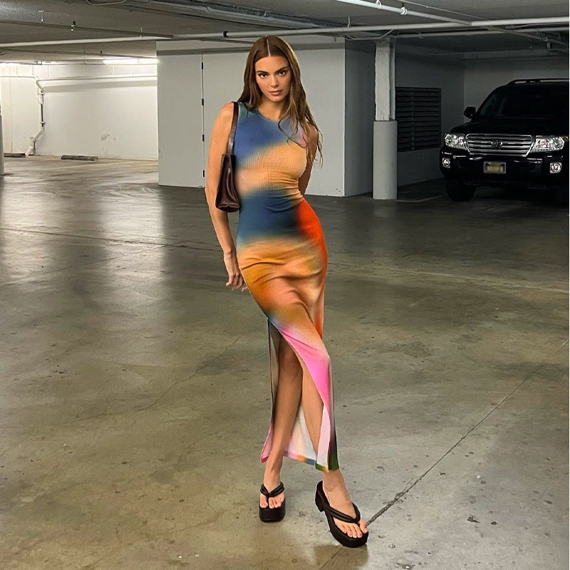 Women Summer Tie-Dye Printed Slit Dress 5