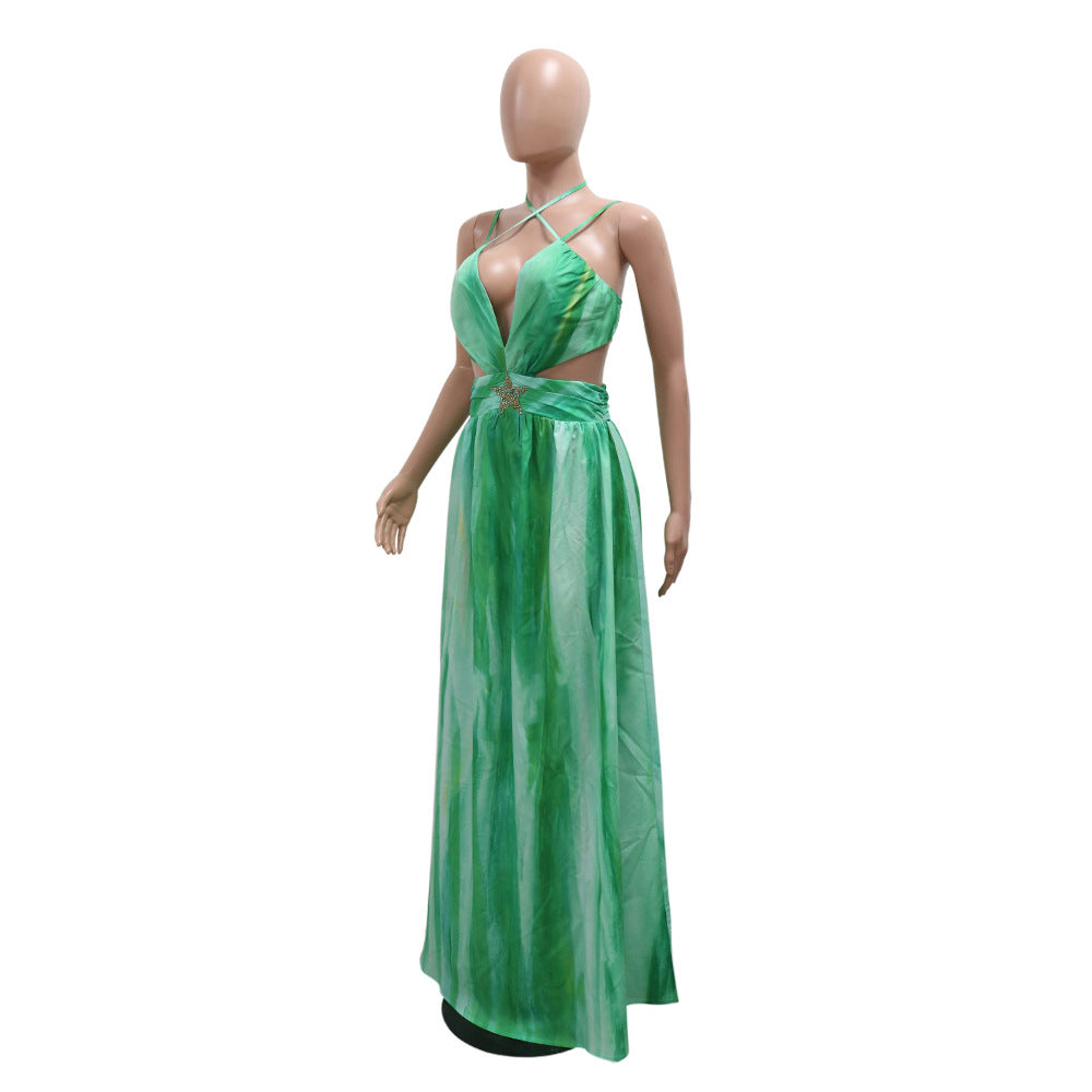 Halter Lace-Up Sleeveless V-Neck Printed Women Fashion Sexy Long Dress 5