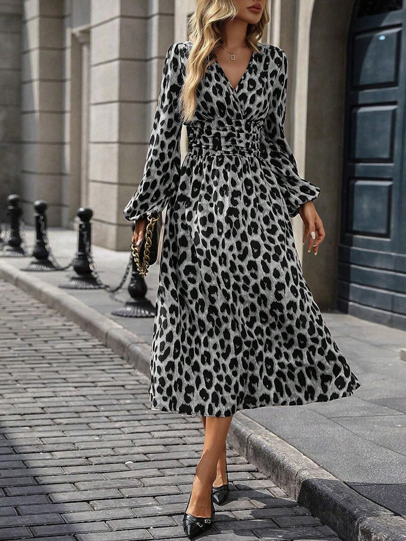 Leopard Print Women Autumn Lantern Sleeve Long Dress 18