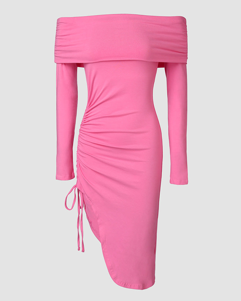 Fashionable Solid Color Off-Shoulder Drawstring Gathered Side-Open Dress 9