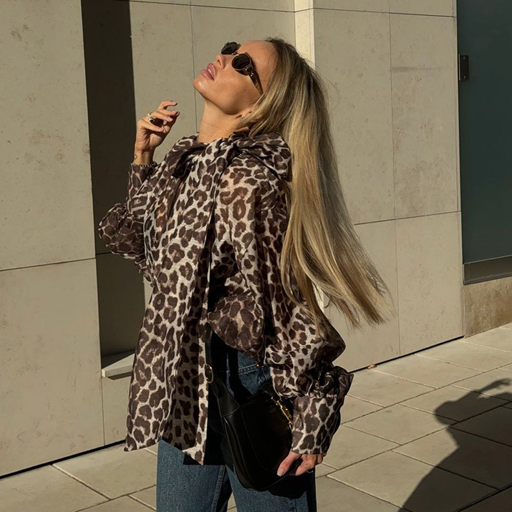 Women Spring Sexy Leopard Print Lace-up Long-sleeved Print Shirt 5