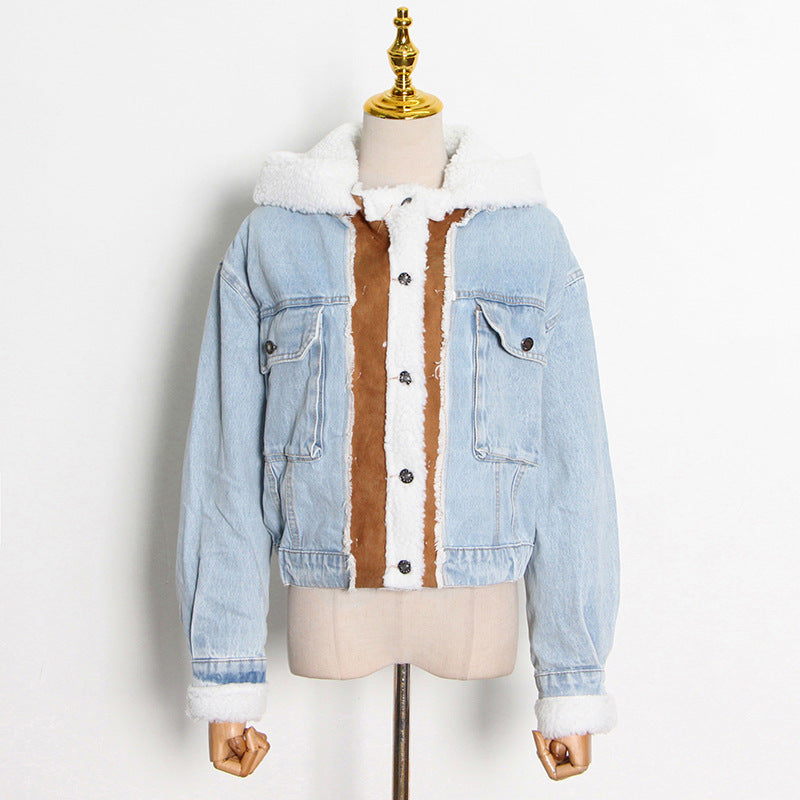 Women Denim Lamb Wool Autumn and Winter Patchwork Style Single Breasted Crop Jacket 9