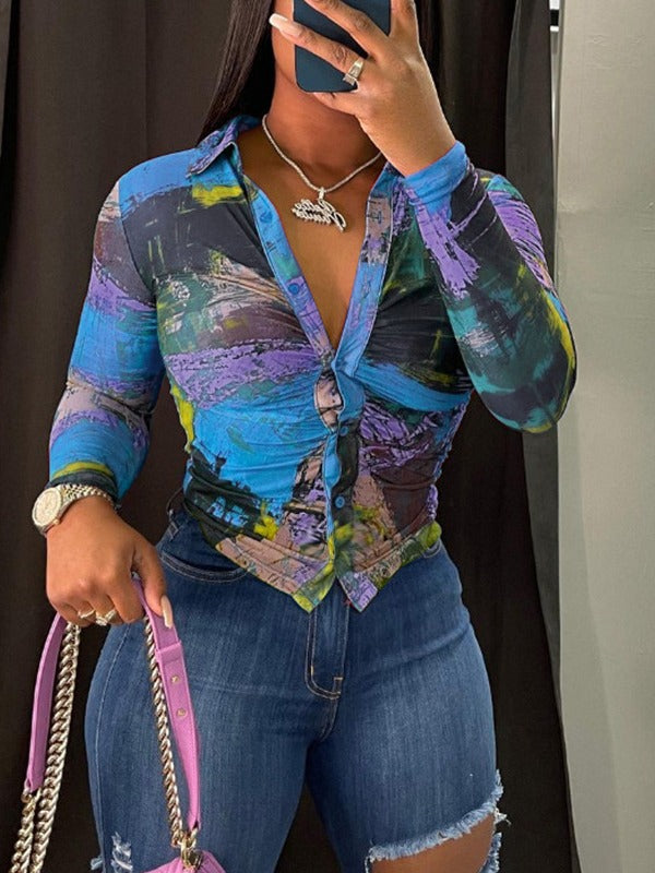 Autumn Fashion Sexy Multi-Color Long Sleeve Button Deep V neck Women shirt Top 7