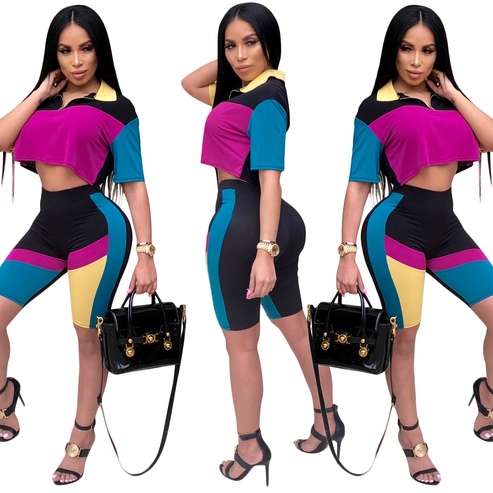 Fashion Contrast Color Casual Short Sleeve Knee-Length Two Piece Shorts Set 5