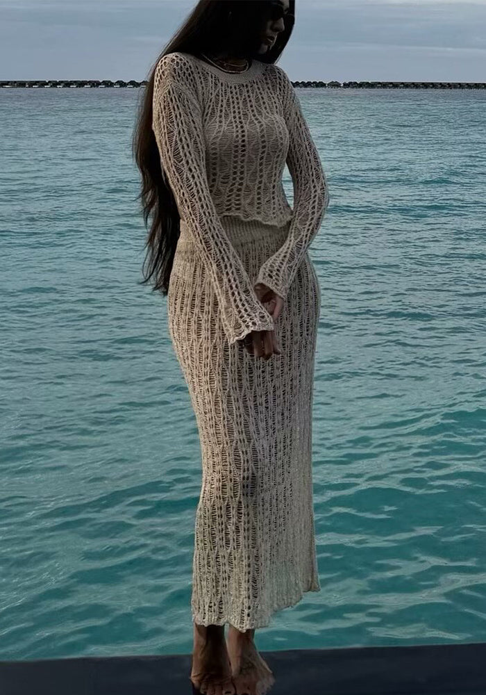 Women Knitting Hollow Long Sleeve Top and Skirt Two Piece Set