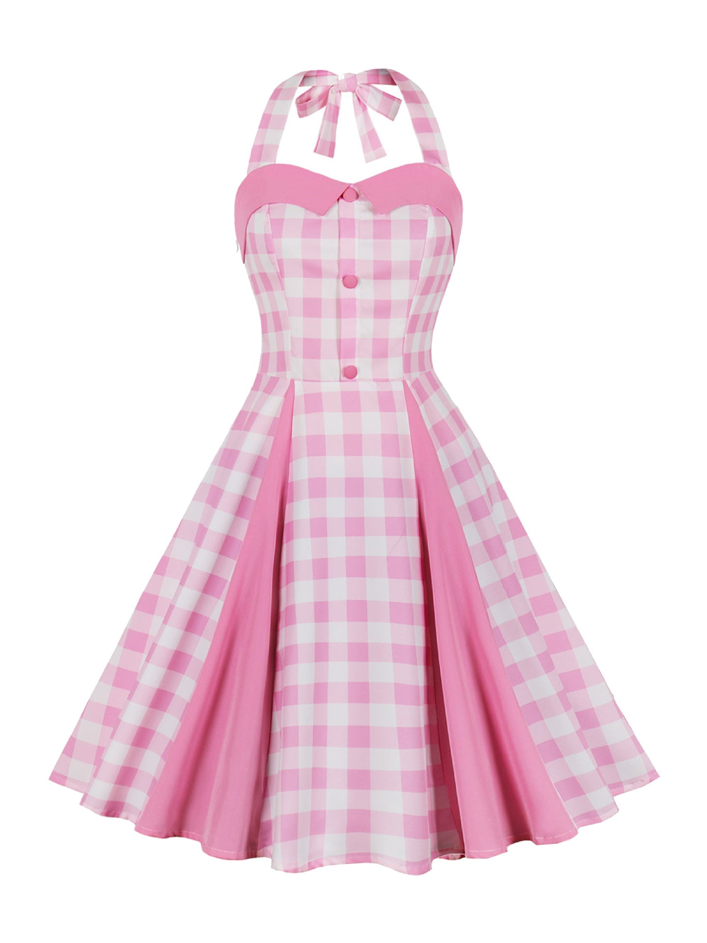 Women's  Summer Slim Waist Sweet Halter Neck Straps Pink Plaid Dress