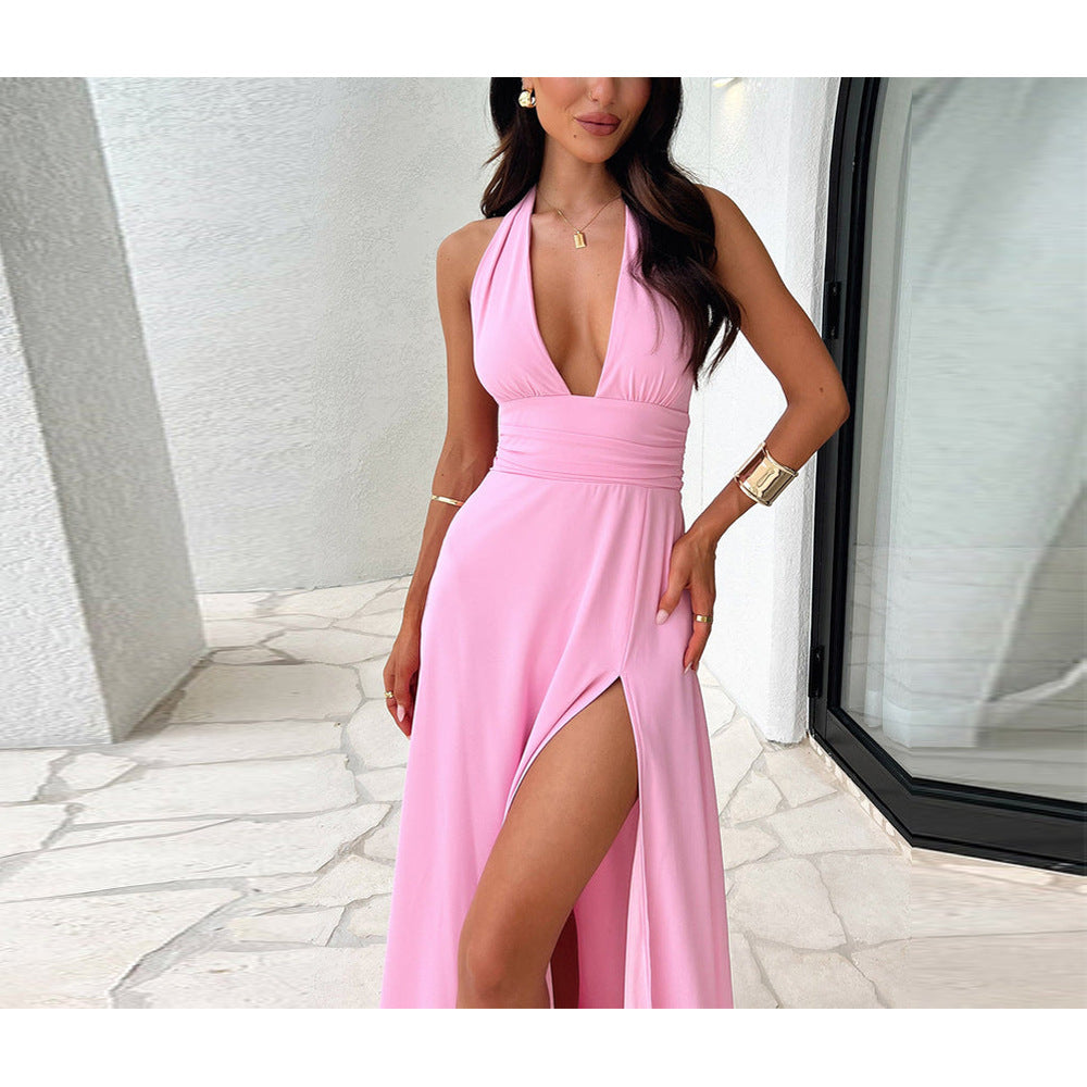 Women's Halter V-Neck Lace-Up Slit Maxi Dress 5