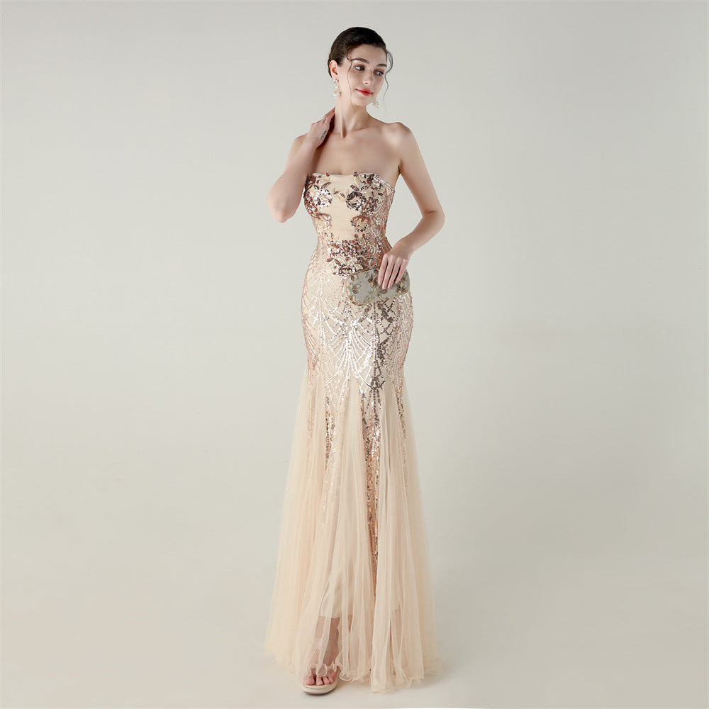 Women Strapless cross Lace-Up sequined tube flower sequined mesh evening dress Formal Party evening dress 37