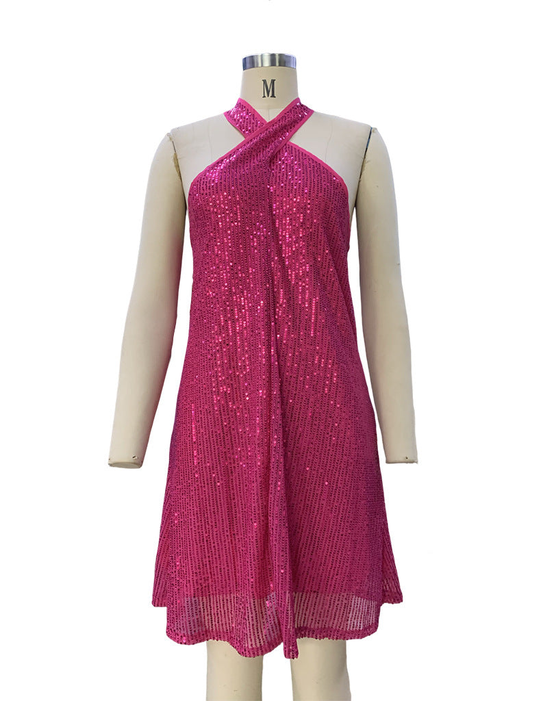 Women Halter Neck Off-Shoulder Sexy Sequin Dress 11