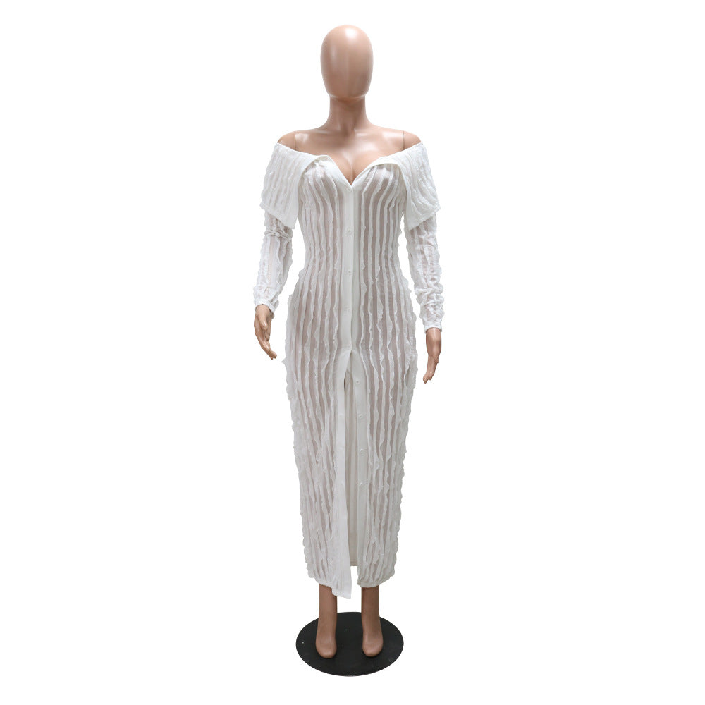 Spring Summer Women Fashion Sexy See-Through Off Shoulder Shirt Button Long Dress 12