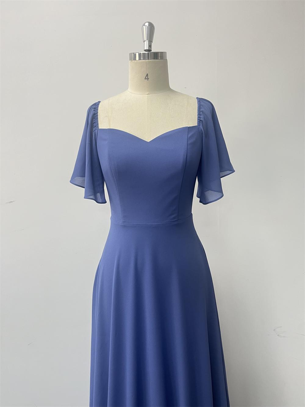 Chiffon Short Sleeve A-Line Dress Low-Back Elegant Evening Gown 8