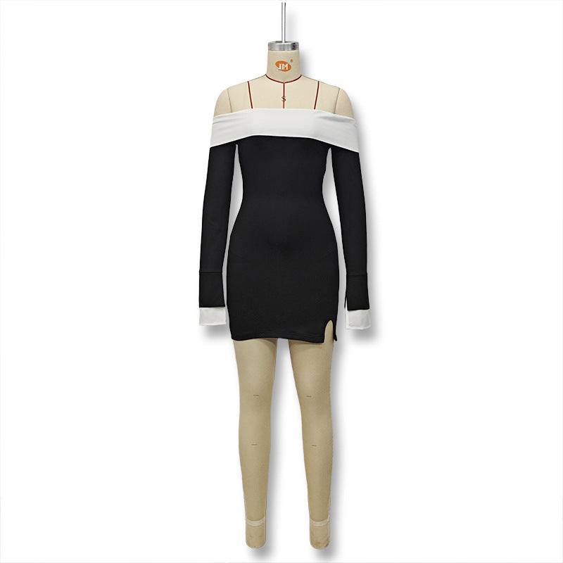 Women Fall Winter Contrast Color Off Shoulder Long Sleeve Bodycon Dress 7