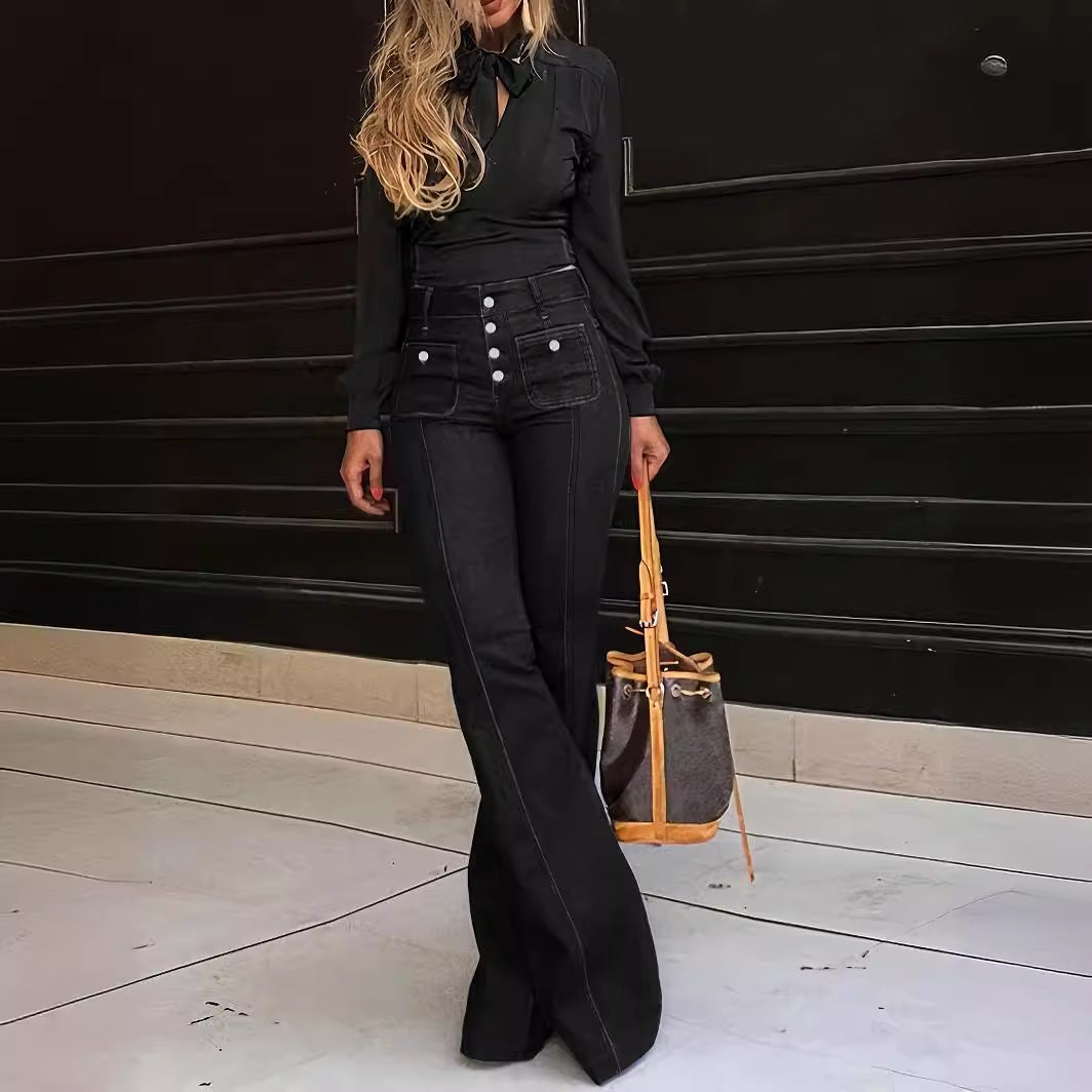 Spring Buttoned High Waist Denim Pants Women's Slim Fit Chic Bell Bottom Trousers 5