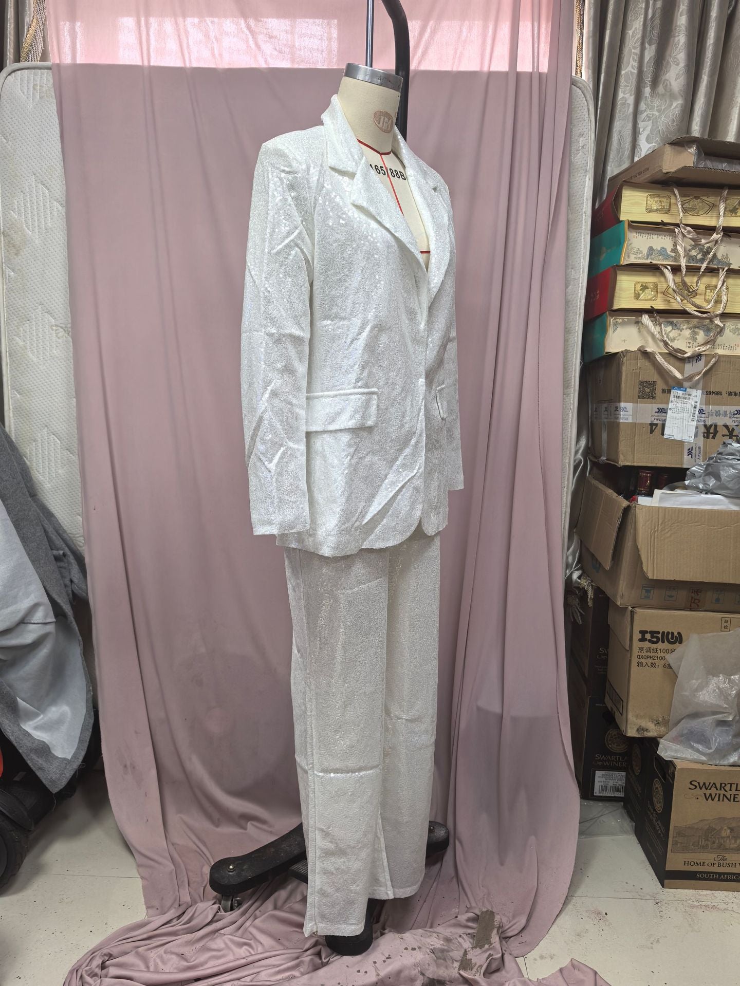 Women's Long Sleeve V-Neck Sequined Blazer Pants Two-Piece Set 7