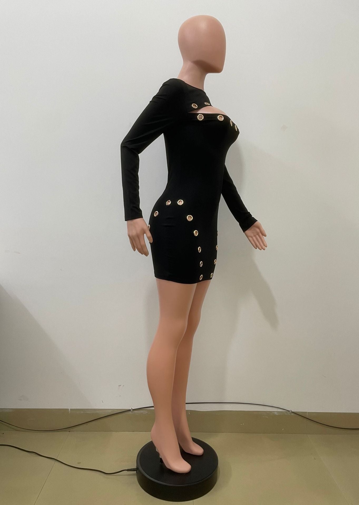 Autumn Winter Fashion Sexy Hollow Out Metal Button Dress 8