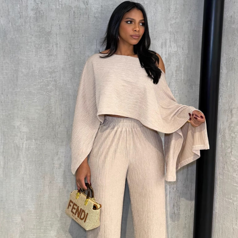 Women's Pleated Slash Shoulder Top and Pants Africa Chic Set 6