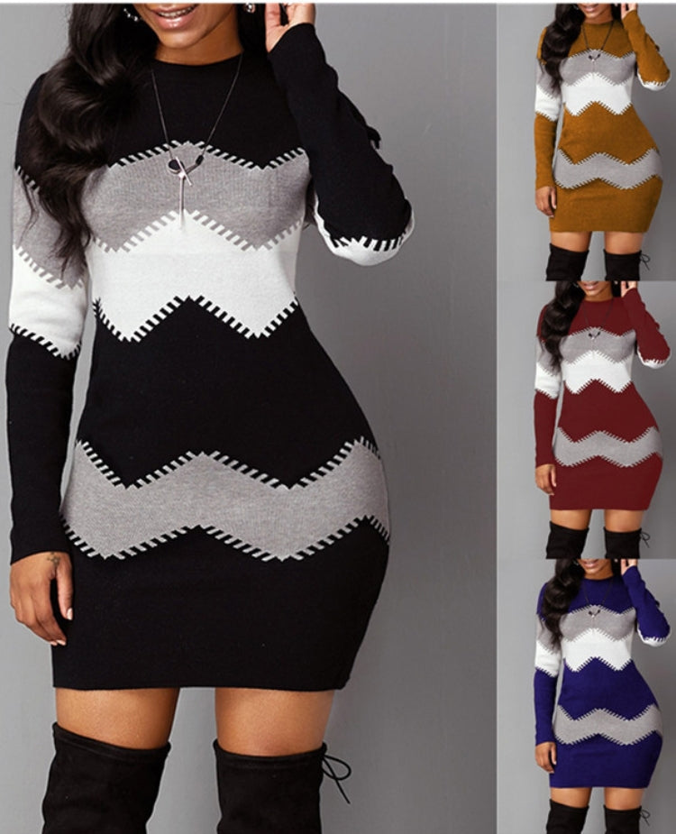 Winter Casual Blue Stripe Print Round Neck Long Sleeve Bodycon Dress