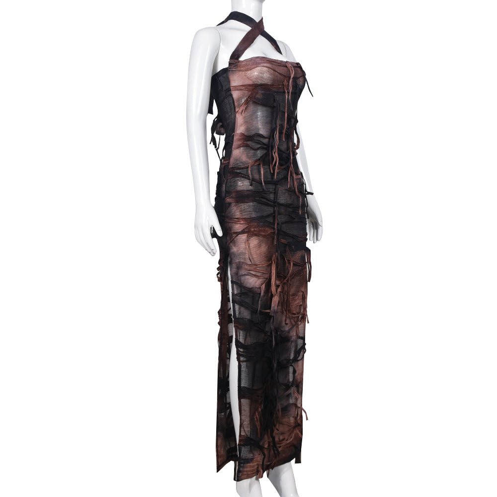 Women summer sleeveless backless split tie-dye dress 9