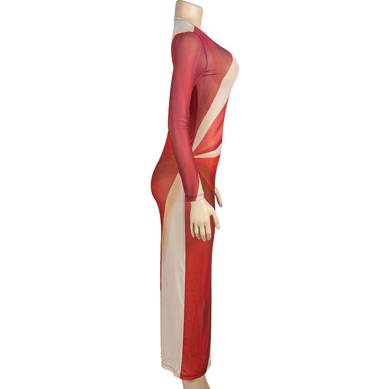 Women Spring Round Neck Long Sleeve Sexy Mesh Print Maxi Dress 7