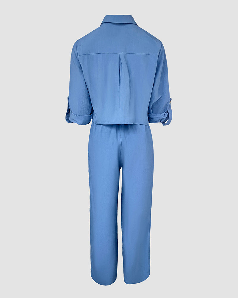 Women's Fashion Long Sleeve Crop Top & Wide-Leg Pants Set 7