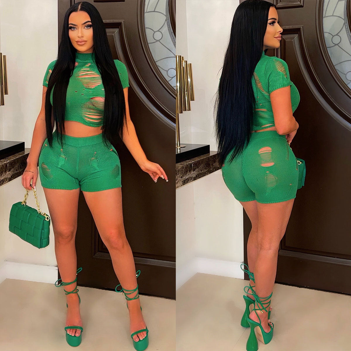 Women Fashion Knitting Tight Fitting Hollow Out Sexy Two Piece Shorts Set Spring Summer 5